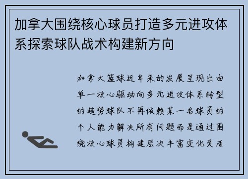 加拿大围绕核心球员打造多元进攻体系探索球队战术构建新方向
